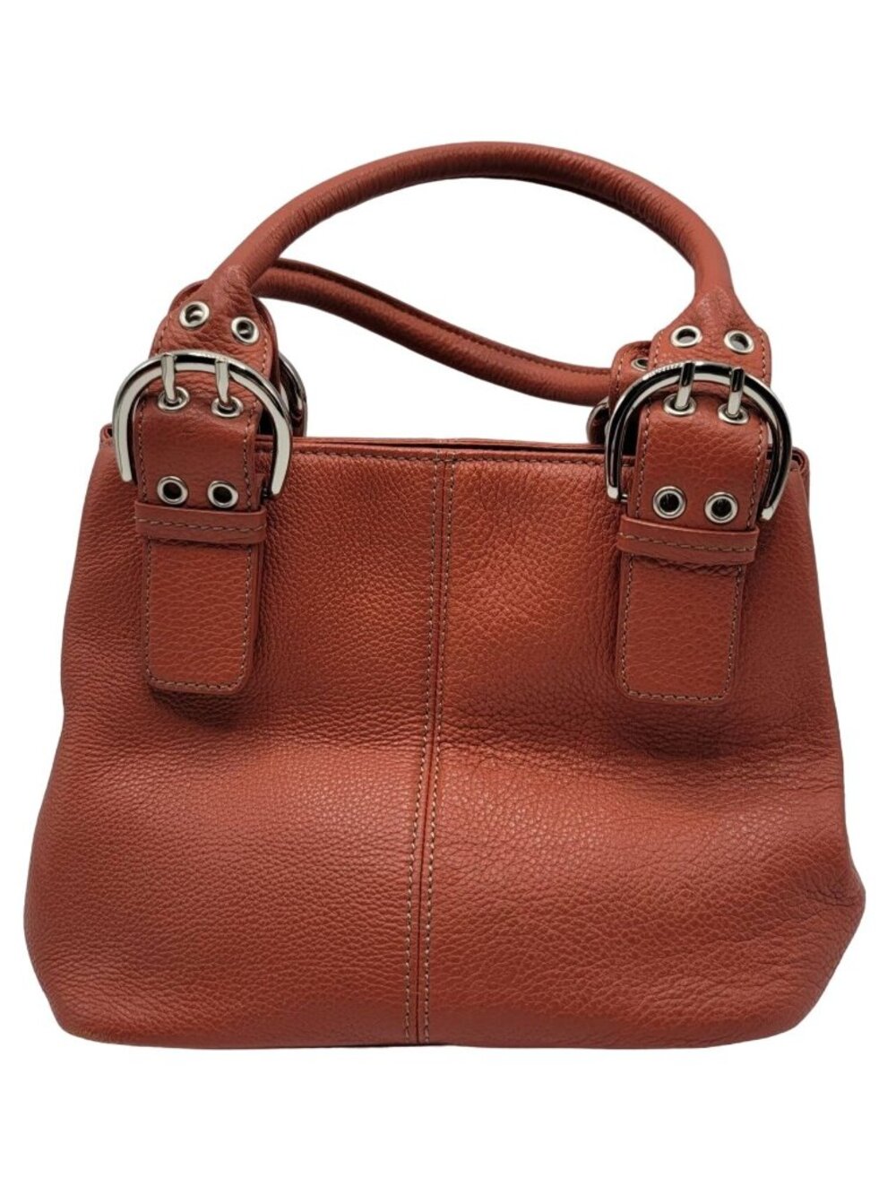 Clarks Pebbled Leather Satchel Handbag Brown Burnt Orange Buckle Dual Handles